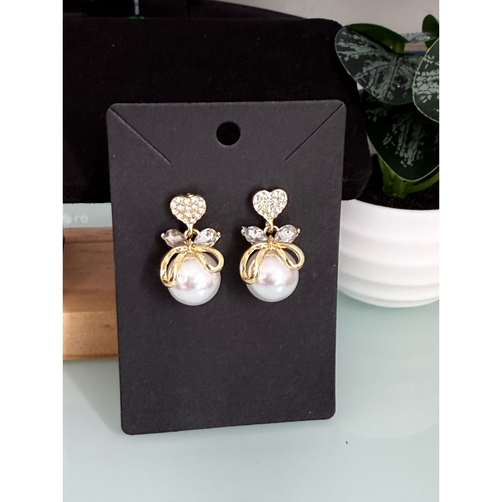 Drop Earrings Womens OS White Gold New Heart Bow Faux Pearl Crystal